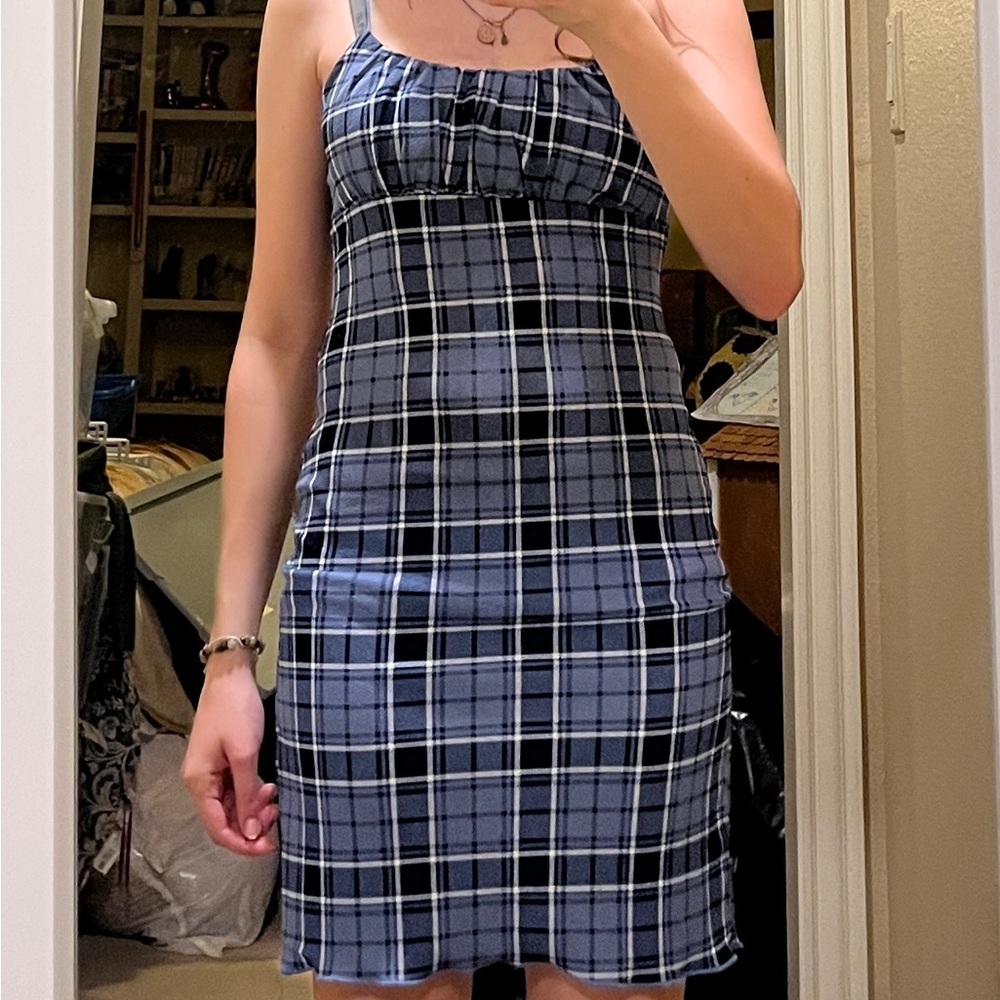 Blue and White Pleated Halter Mini Dress